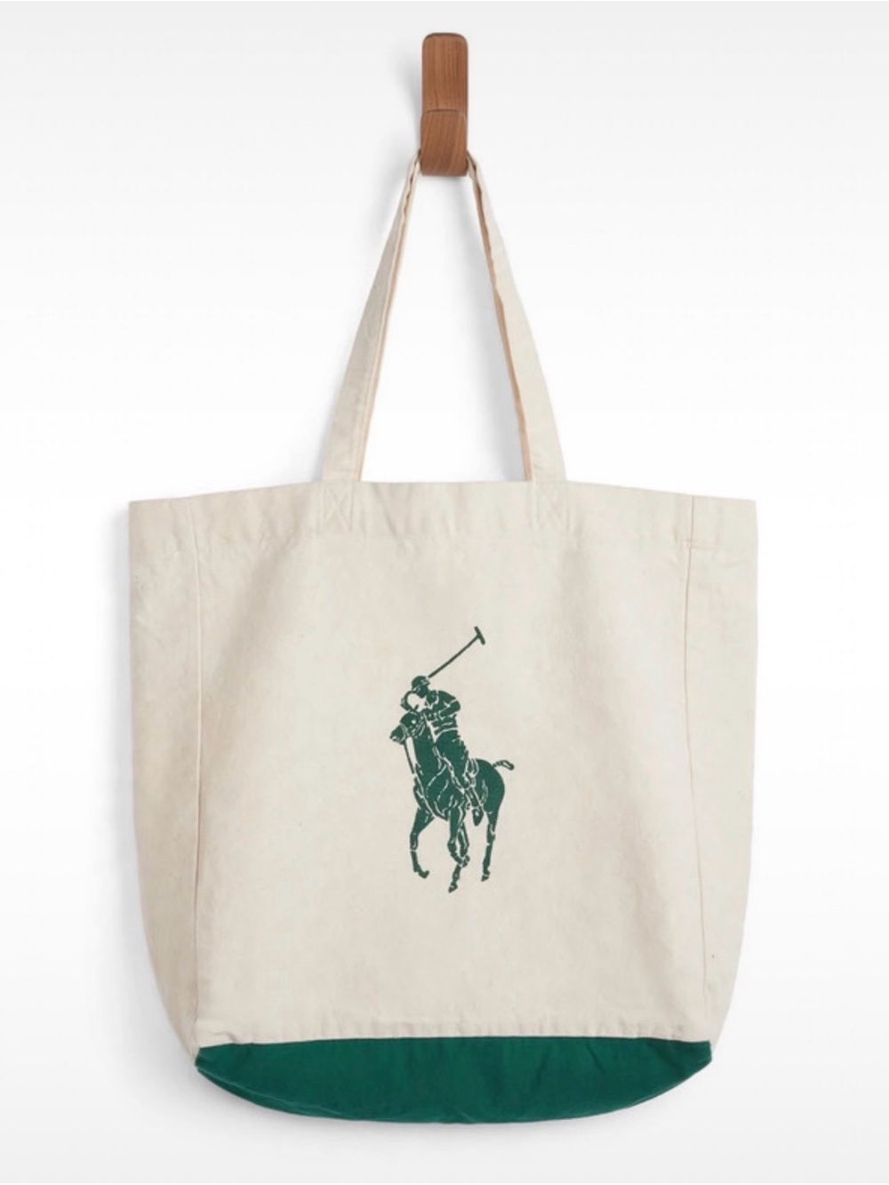 Polo Ralph Lauren 15”x15” Canvas Tote Bag in Natural with Green Big Pony Logo